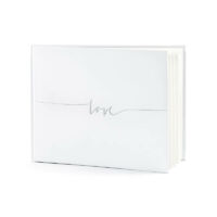 esküvői vendégkönyv - ezüst love felirattal, fehér