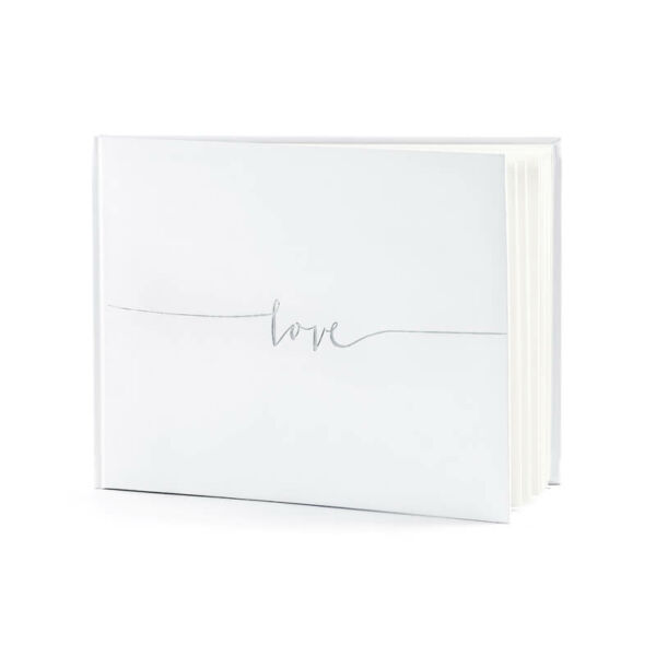 esküvői vendégkönyv - ezüst love felirattal, fehér